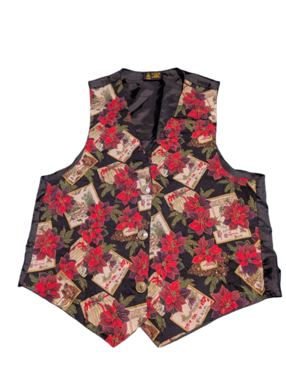 Vintage 90s A. Brod Christmas Poinsettia Postcard Tapestry Vest Black Satin Back